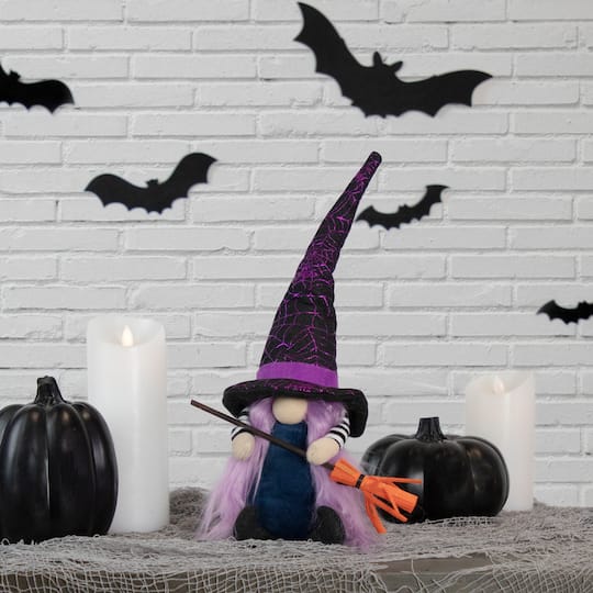 15&#x22; Black &#x26; Purple Halloween Gnome Witch with Broom